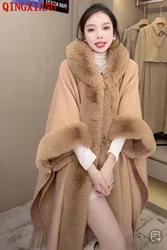 2022 Women Winter Thick Velvet Knitted Loose Poncho Tassel Outstreet Wear Cloak With Hat Long Faux Rabbit Fur Collar Capes Coat