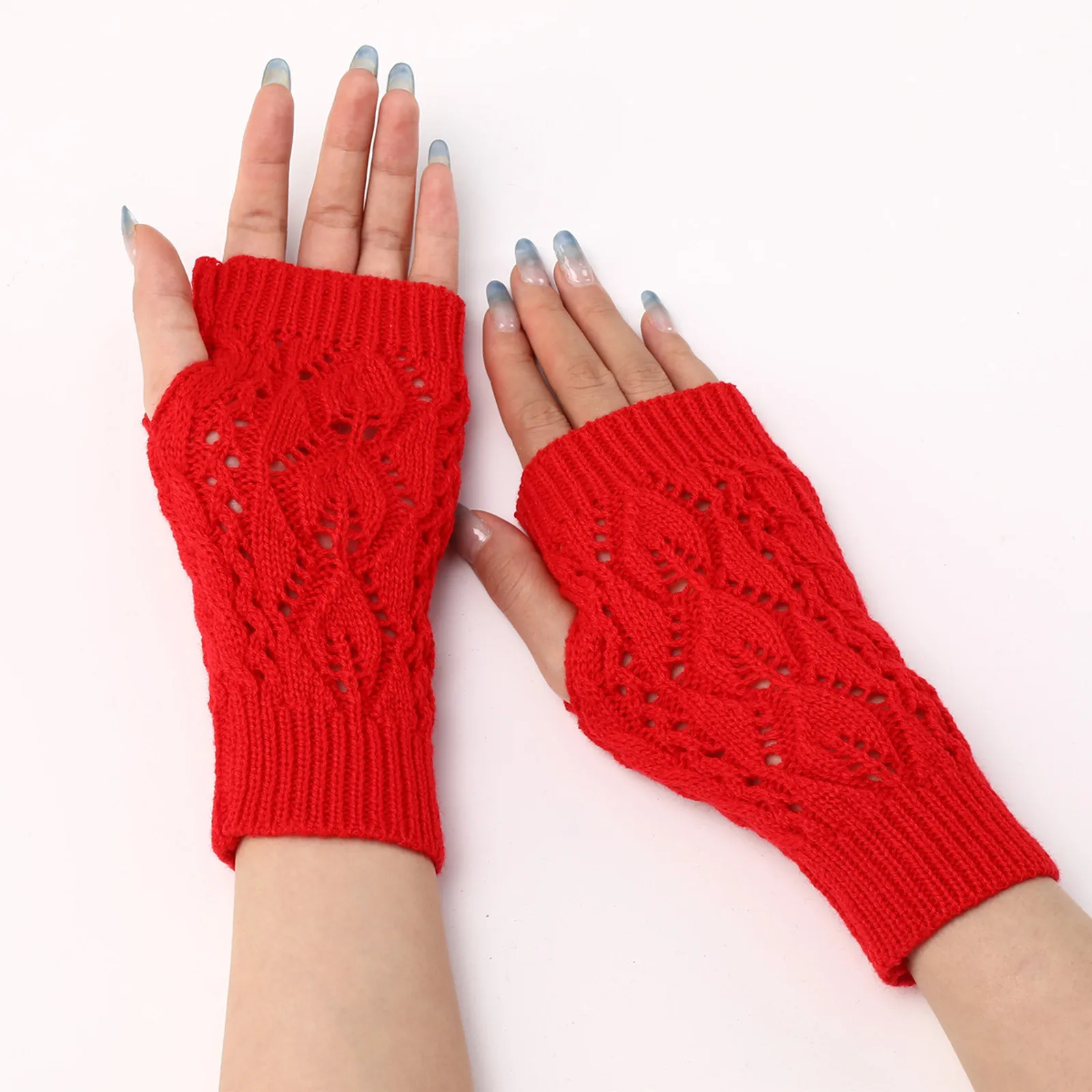 Winter Gloves Women Cold Weather Warm Elbow Glove Half Finger Elastic Gloves Solid Color Knitted Lined Mittens For Women