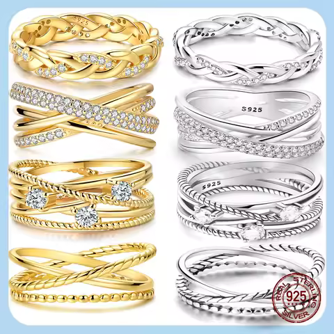 New 925 Sterling Silver Gold Zircon Rings Stackable Simple Weaving For Women Original Silver 925 Wedding Ring Jewelry Gifts