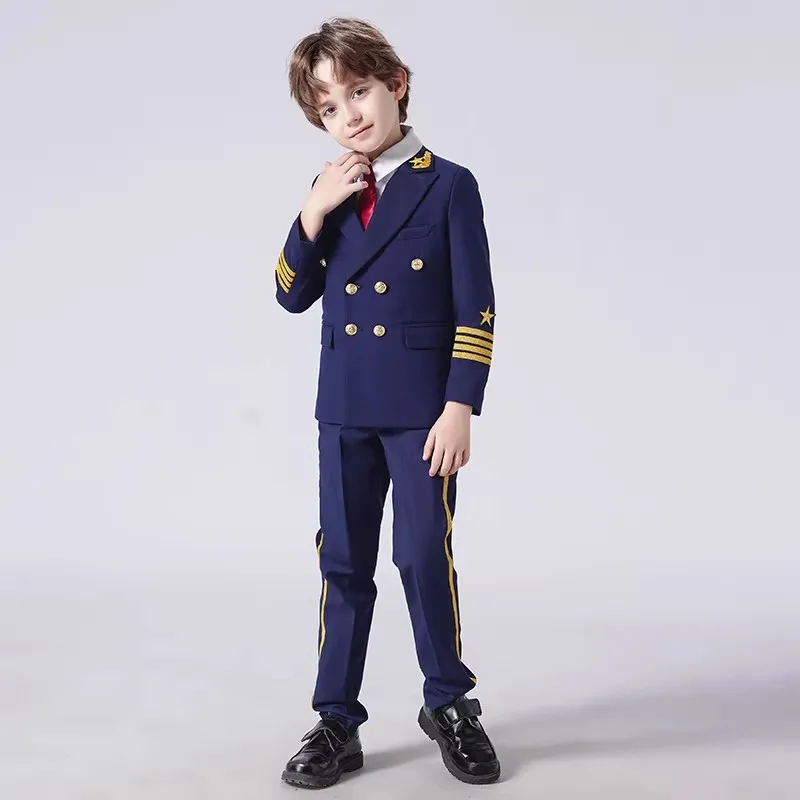 Boys Grils Pilot Uniform Suit Kids Formal Jakcet Pants Tuxedo Wedding Dress Children Birthday Photography Outfit Set
