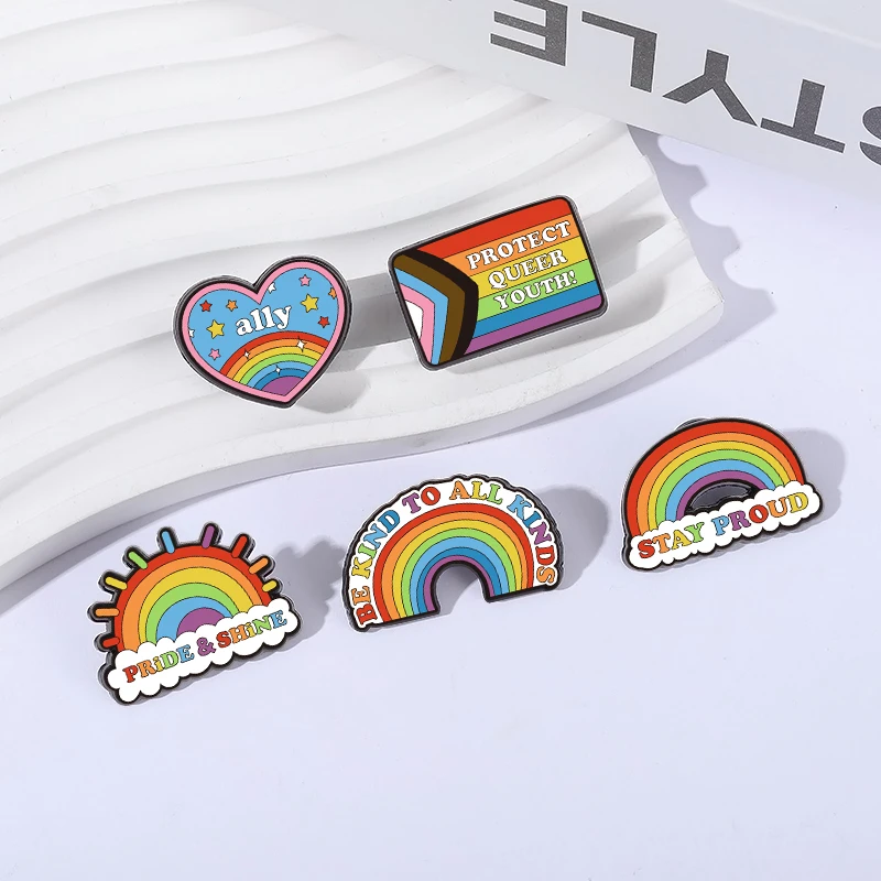 LGBT Pride & Shine Rainbow Brooch Enamel Pins Stay Proud Ally Protect Queer Youth Brooches Lapel Badge Jewelry Gift for Friends