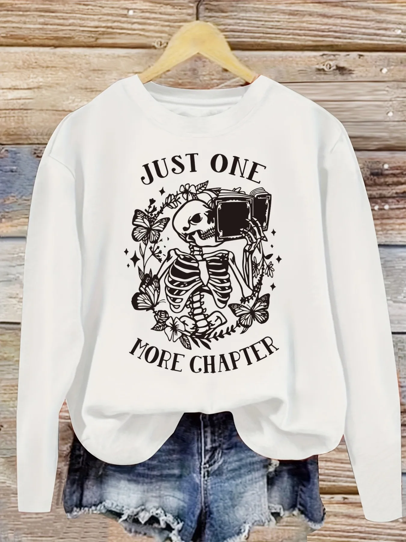 Women's Casual Long Sleeve Crew Neck T-Shirt Just One More Chapter Skeleton Design, Round Neck Women's Clothing, Machine Washable, Slightly Elastic, Loose Fit, Spring Autumn Winter Women's T-Shirt, Halloween Costume Outfit view 5
