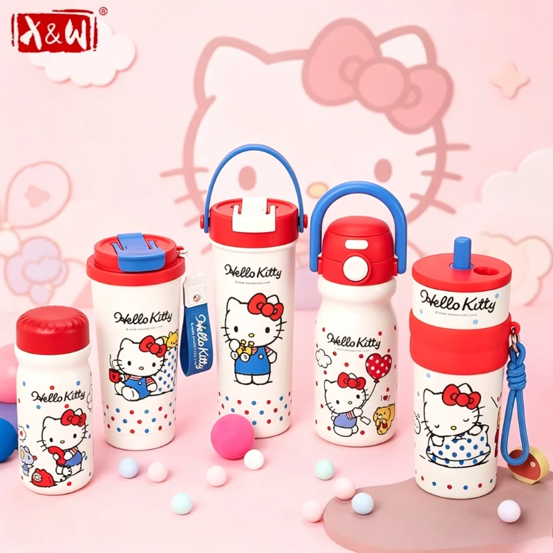 

X&W HelloKitty Theme Thermos Cups 316 Stainless Steel Tumbler Cute Cartoon Straw Cup Portable Outdoor Travel Cup for Girl Gift