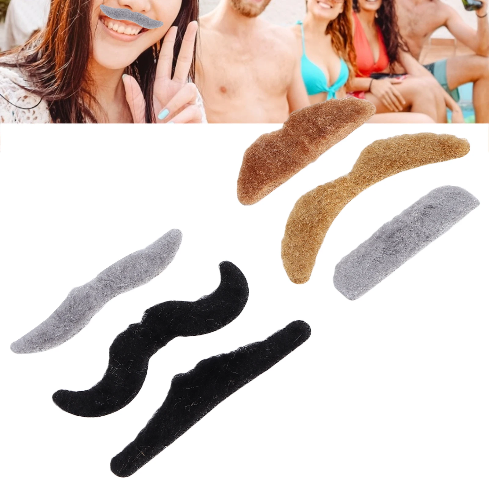 Falso bigode adesivo para crianças e adultos, traje engraçado barba, 6pcs