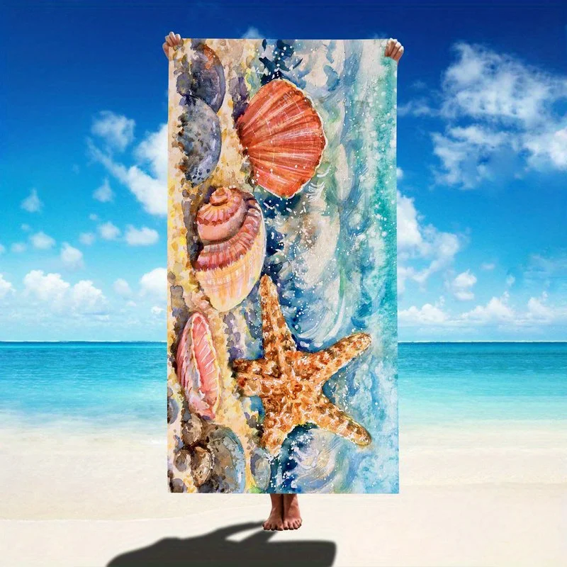 Marine Life Beach Blanket, Conch Shell & Starfish Design, Soft Absorbent Microfiber, Large Size, Ideal for Pool Party & Picnic
