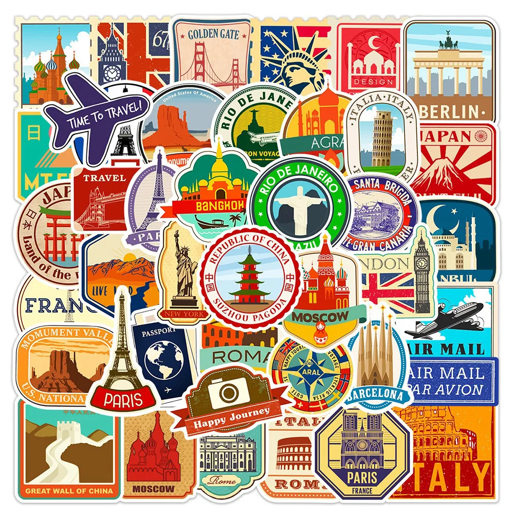 10/30/50PCS Vintage Travel Map Sign Building Cartoon Stickers DIY Laptop Luggage Skateboard Graffiti Decals Sticker for Kid