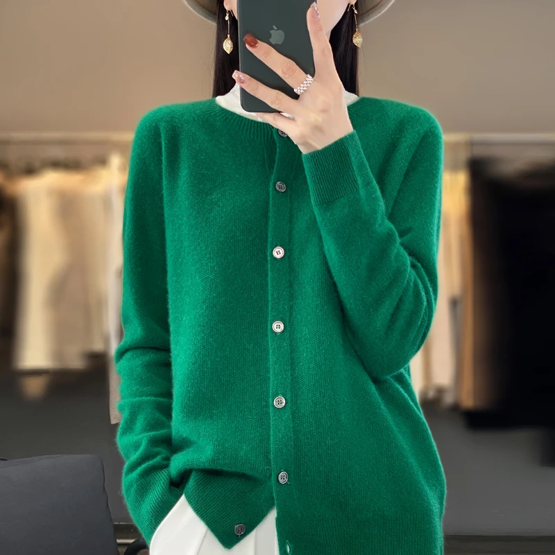 2024 new spring women\'s O-neck elegant cardigan sweater 100% Merino wool solid cashmere knitted women\'s clothing top