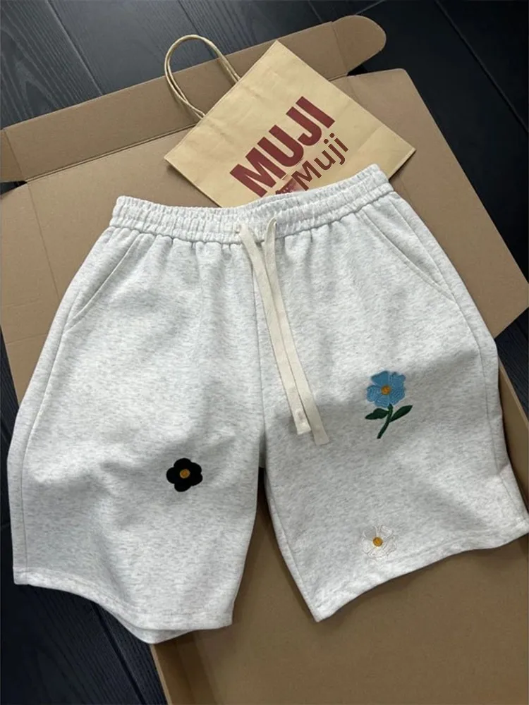 

Мужские шорты с цветочной вышивкой, летние, в американском ретро-стиле, модные, прямые, свободные, повседневные, длиной до колена, дышащие, высокого качества