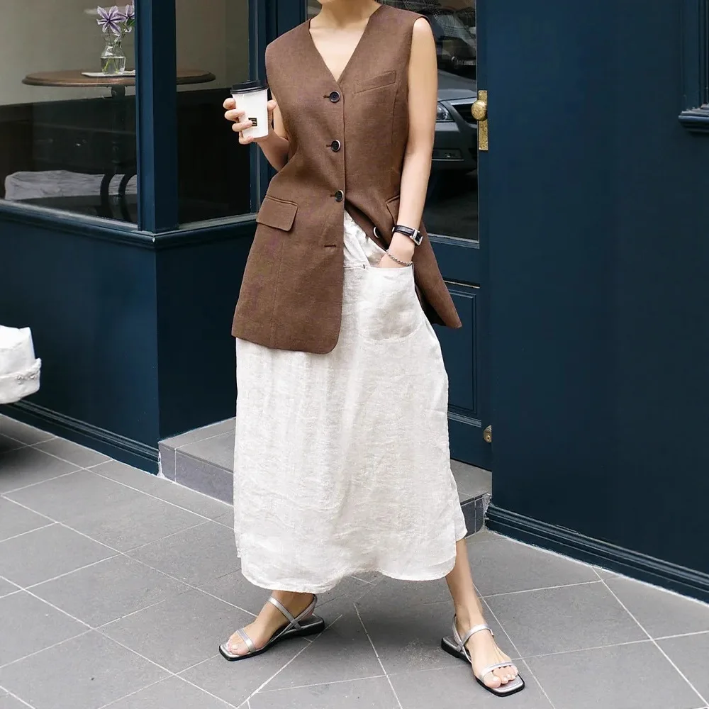 2026 New Summer Women's Cotton Linen Fake Two Piece Wide Leg Pants Plus Size Split Hem Elastic Waist Cropped Palazzo Pants