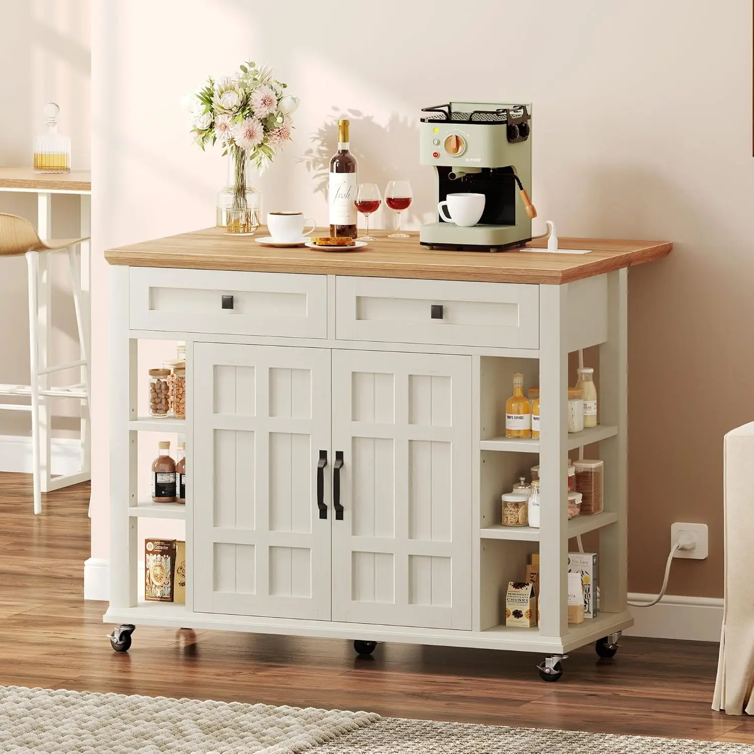 Kitchen Island with Folding Drop Leaf & Power Outlet, Rolling Kitchen Cart on Wheels, Kitchen Island Table with Open