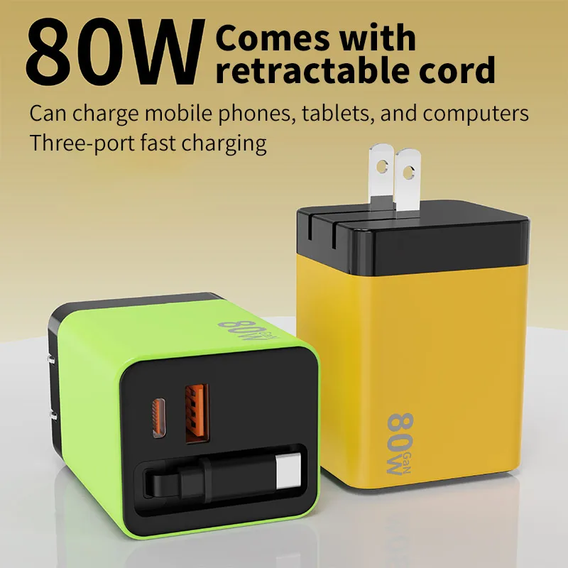 

80W Gallium Nitride Fast Charger Built-in Retractable Type-C Cable USB Charging Head for IPhone Huawei Samsung/Tablets/Laptops