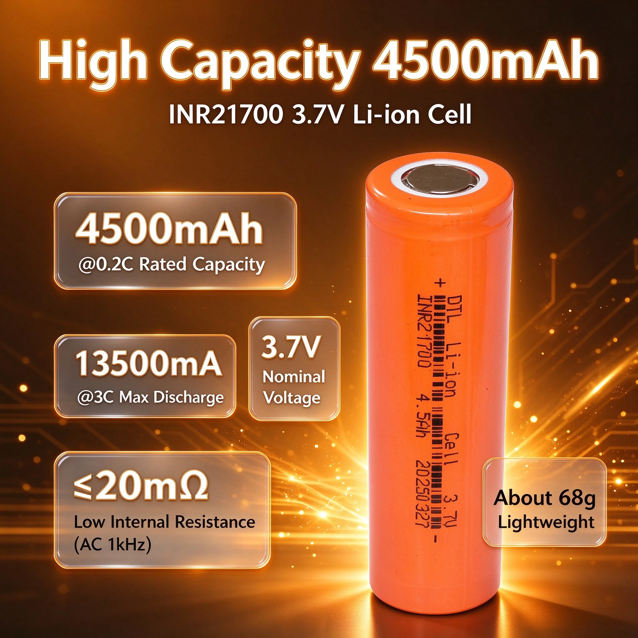 21700 4500mAh 3.7V Rechargeable Li-ion Cell, 3C 13.5A Max Discharge,  for Flashlights, Power Banks and Compatible Devices