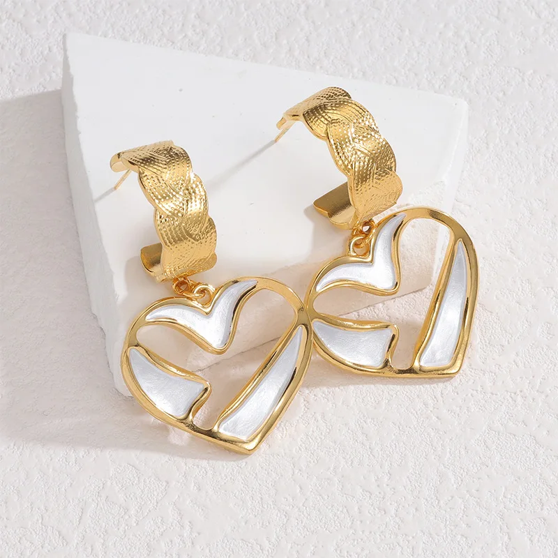 Letdiffery Fashion Colorful Oil Dropped Heart Earrings Stainless Steel White Red Color 18k Gold Color Studs for Women Jewelry