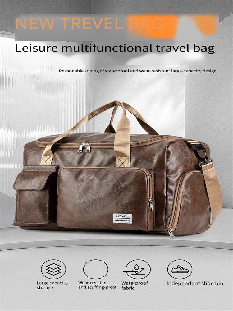 

Handheld Travel Bag for Men Large Capacity Short Distance Travel Luggage Bag PU Independent Shoe Compartment Storage Fitness Bag
