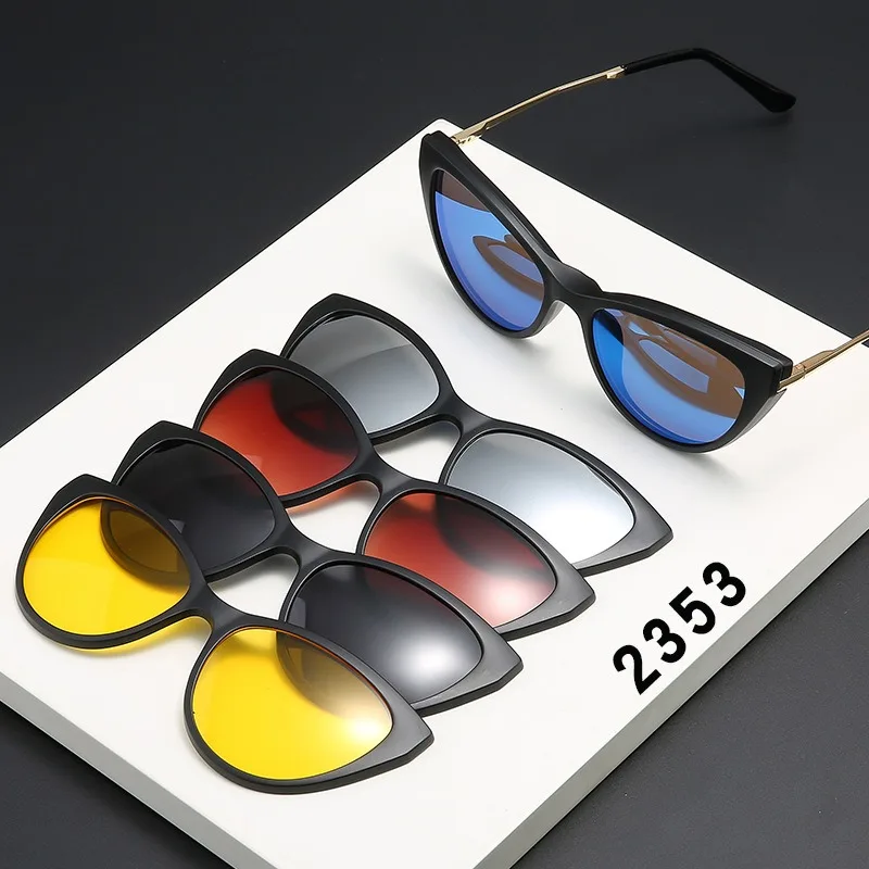 6 In 1 Spectacle Frame Women With 5 PCS Clip On Polarized Sunglasses Magnetic Glasses Female Computer Optical 2353D