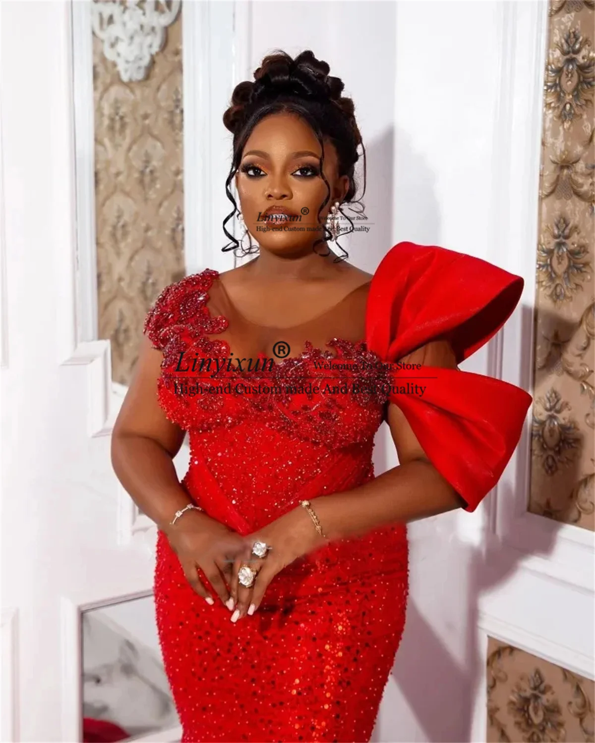 African Red Prom Dresses Appliques Women Evening Party Dress Nigerian Aso Ebi Mermaid Customized Beaded Sequin Robe De Bal