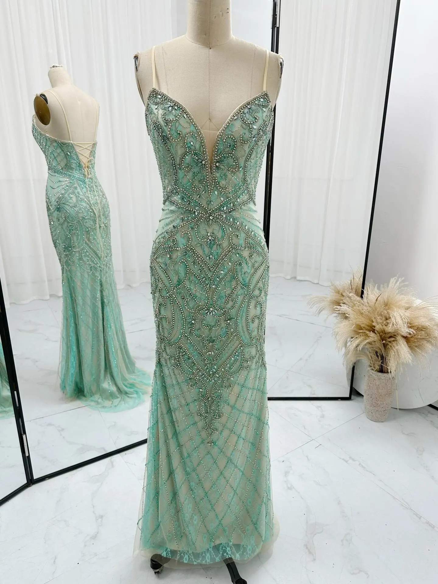 Green Sexy Camisole Tube TopBeadedSlim Mermaid Evening Dress M1528