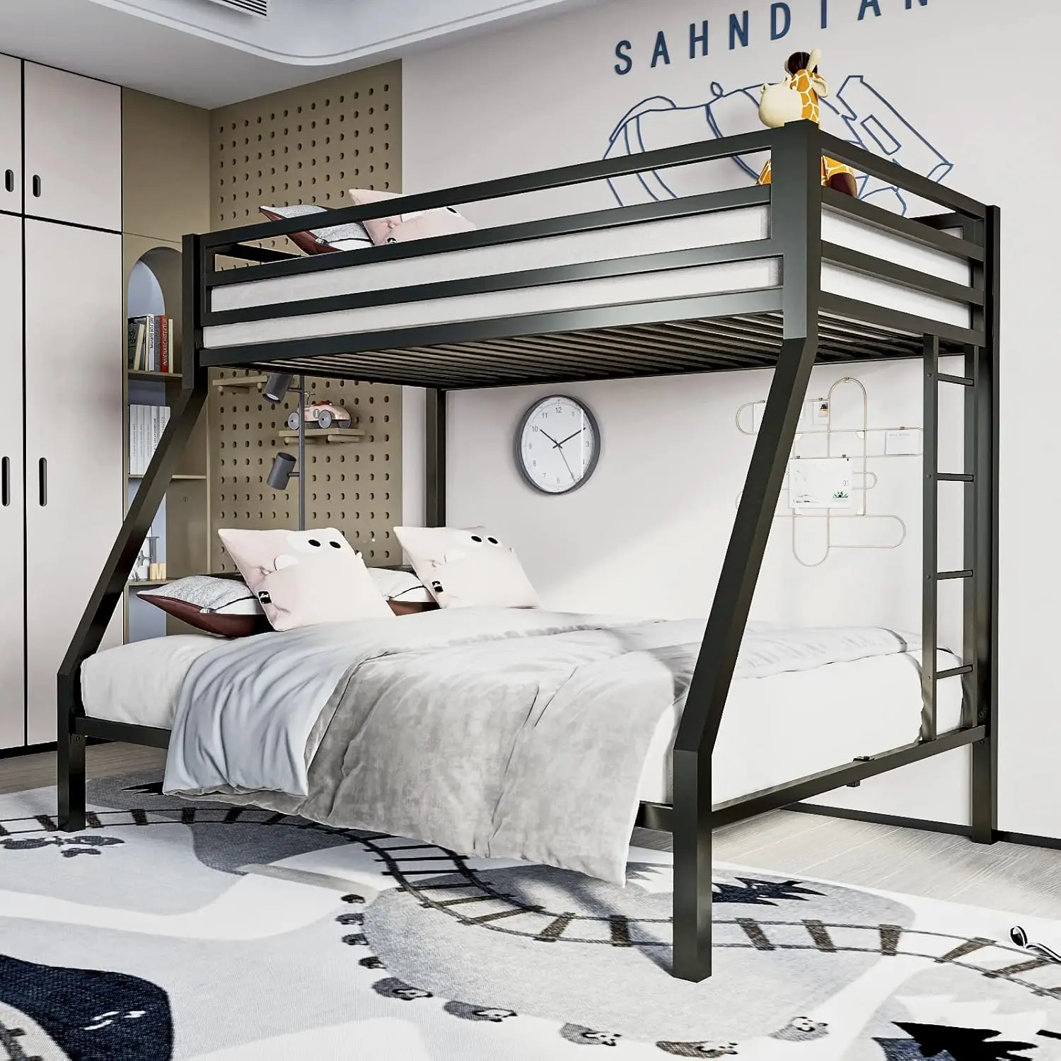 

Metal Bunk Bed, Twin Over Full Size Beds with Sturdy Guard Rail & Removable Ladder, Space-Saving/Noise-Free/Matte Black