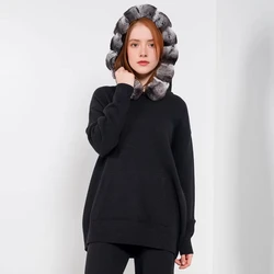 Suéter de punto de piel Real para mujer, jersey de moda de otoño e invierno, cuello de piel de conejo Rex Natural, Sudadera con capucha informal cálida
