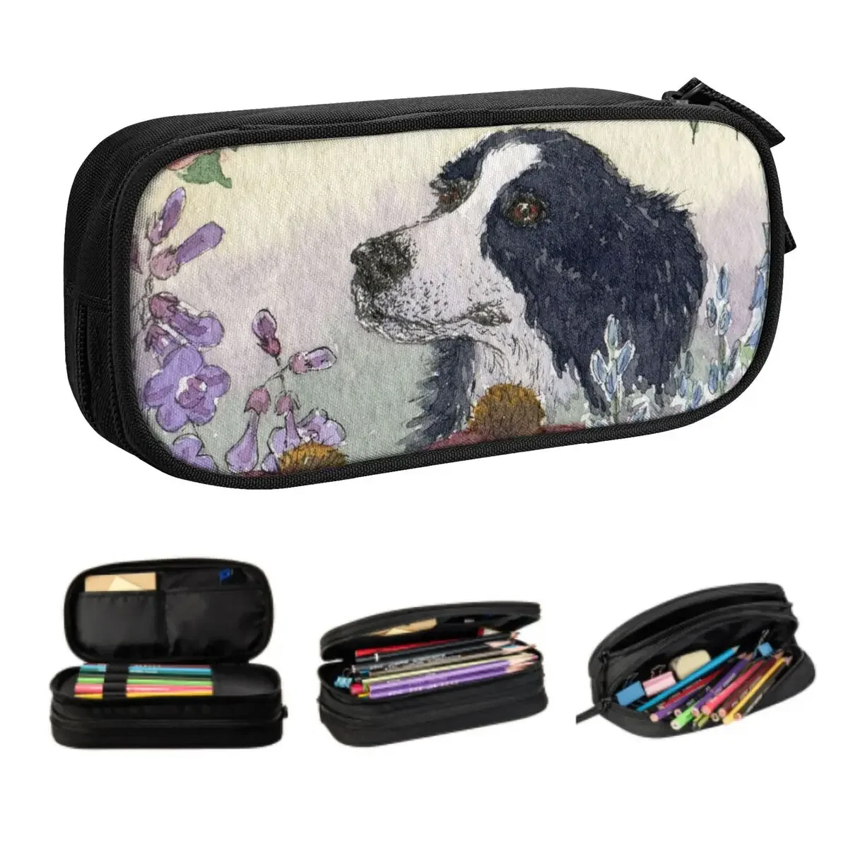 Cute Border Collie Dog Flower Pencil Cases for Boy Girl Big Capacity Animal Pet Pen Bag Box School Supplies