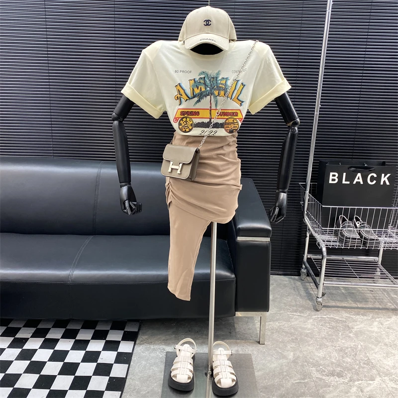 

New 2022 fashion style Famous brand coconut tree automobile printing Shoulder pad T-shirt Irregular fold Short skirt Suits