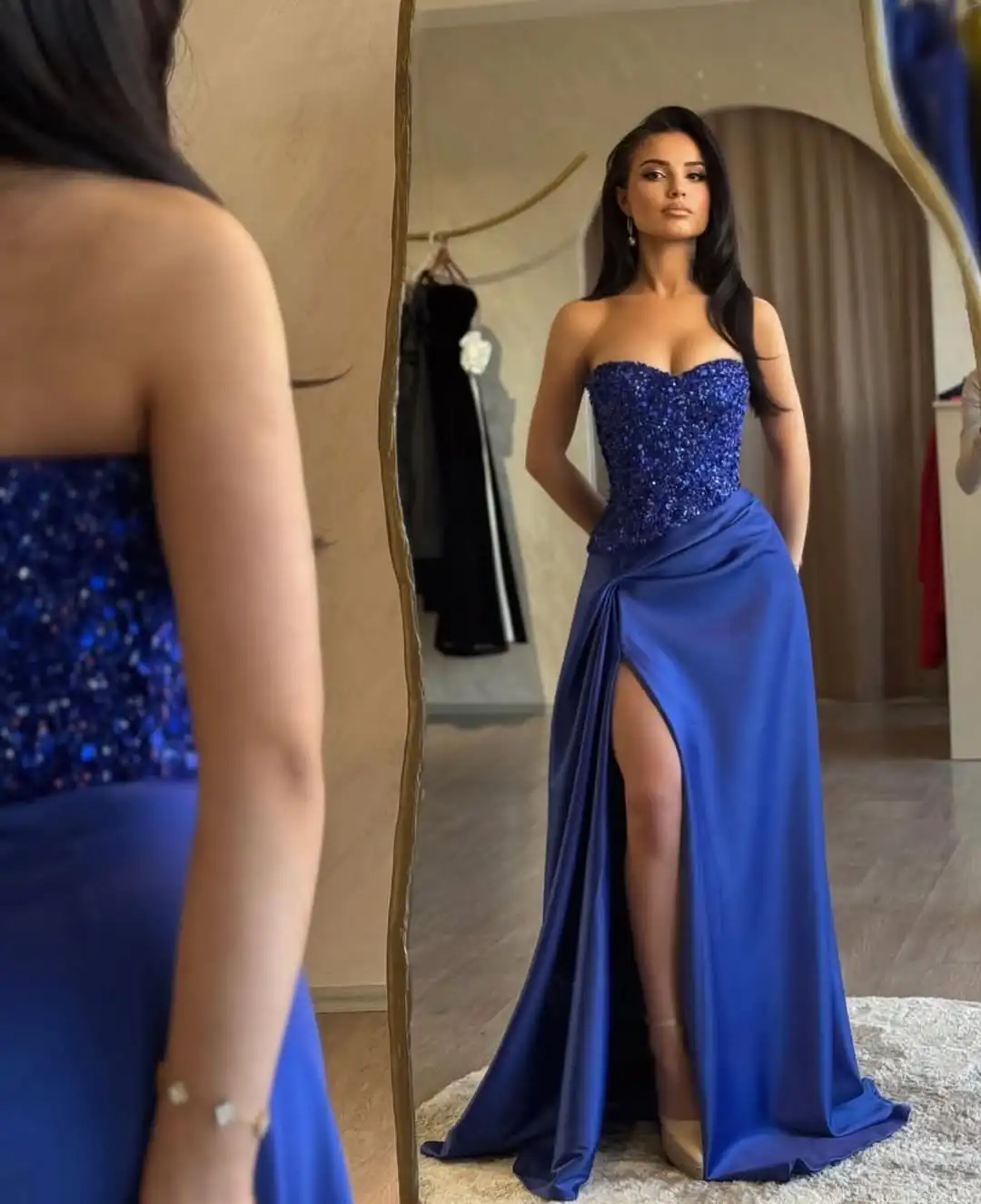 

AsaNagi Aribia Elegant Mermaid Evening Gowns Women's Side Slit Dresses Floor-Length Sequin Decoration Formal Party Dresses