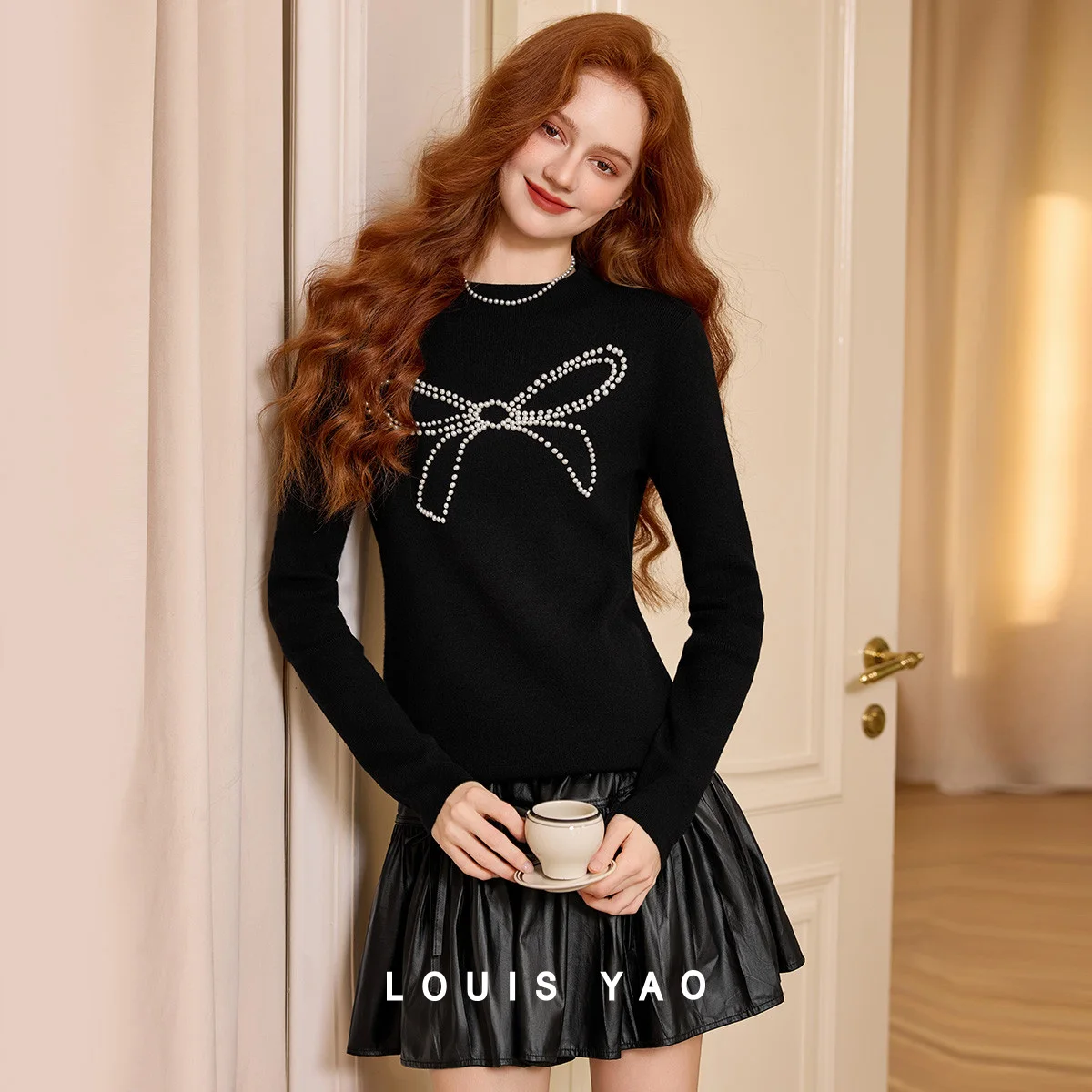 

LOUIS YAO New Beaded Bow Knit Jumper 2025 Autumn/Winter Knitwear Layering or Outerwear Half-Turtleneck Women's Knitted Sweater