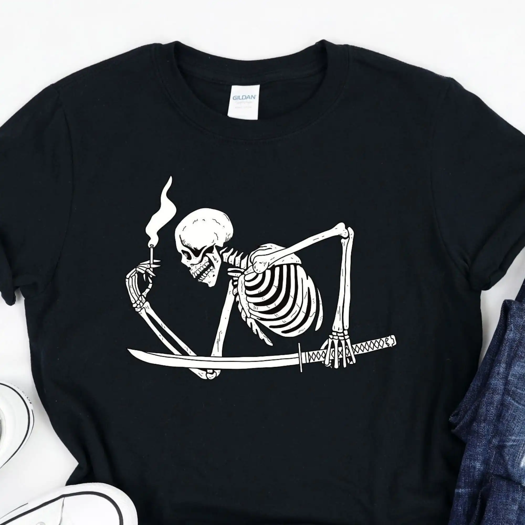 Japanese Samurai Katana Yakuza Ninja Skeleton Sword Spooky Skulls Gothic Grunge Beauty Vitality Mystical T Shirt Sweat