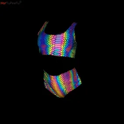 Snake Pattern Rainbow Reflective Bikini Women's Split Swimsuit Sexy Night Club Rave Party Bathing Suit Swimwear Beachwear