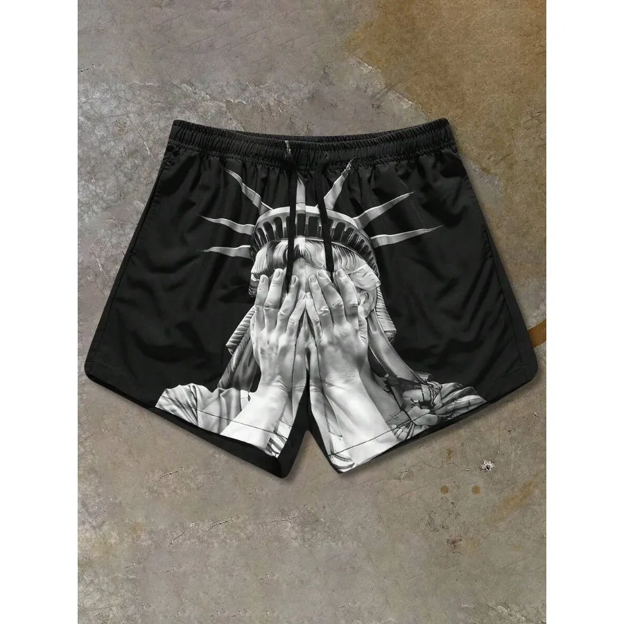 

Men's Summer Sports Shorts With Statue Of Liberty Print Drawstring And Pockets Casual Workout Shorts