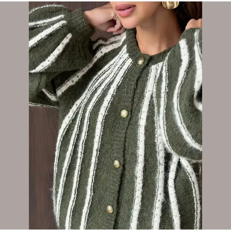 Damen-Strickwaren, gestreift, mit einzelnen Knopfleisten, gestrickte Strickjacke, Herbst, Damen, Rundhalsausschnitt, lange Ärmel, lockere Strickjacken, neue Streetwear – Detail 15