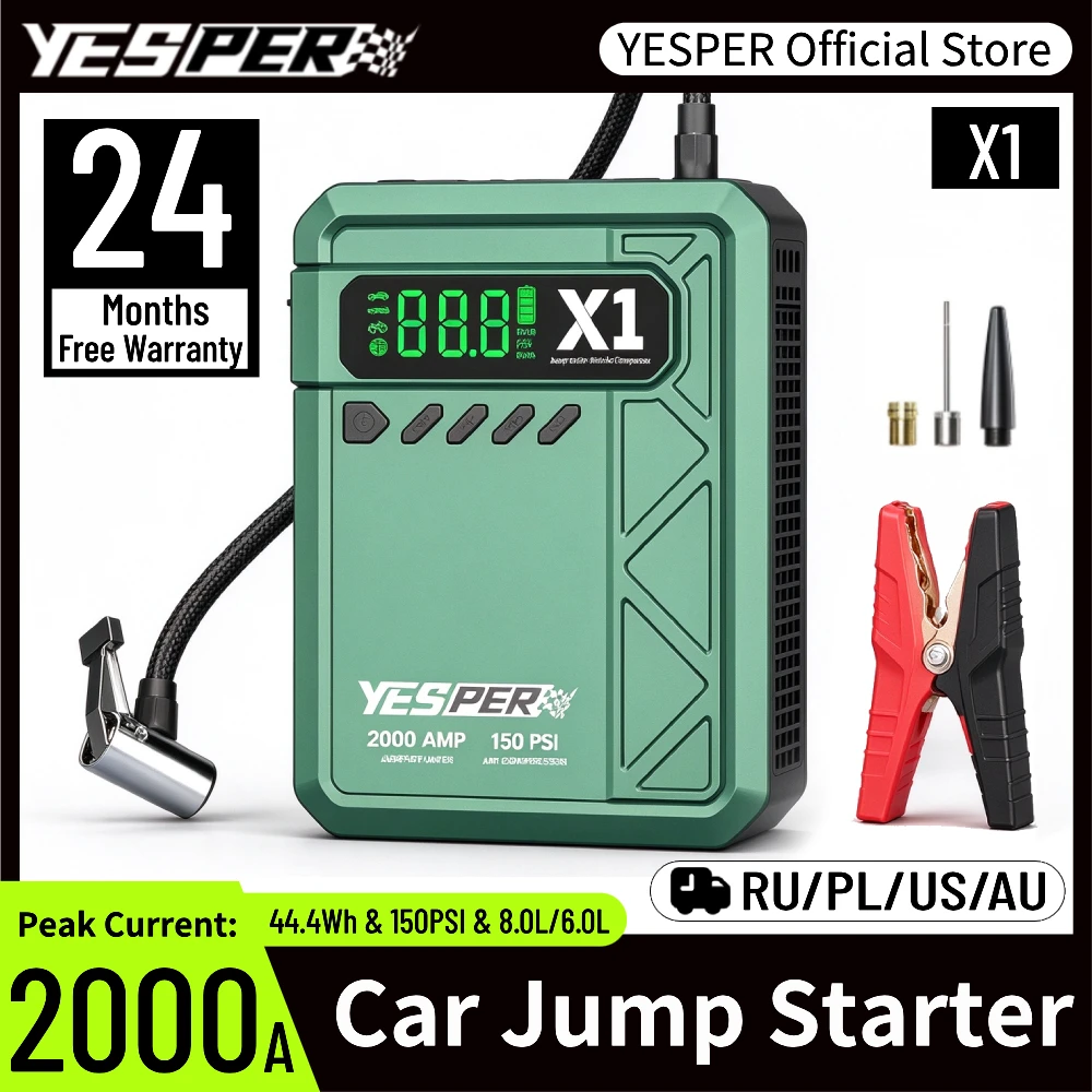 YESPER 2000A Jump Starter & Air Compressor 150PSI, 12V Car Jumper Booster with LCD Display for 8L Gas / 6L Diesel Trucks