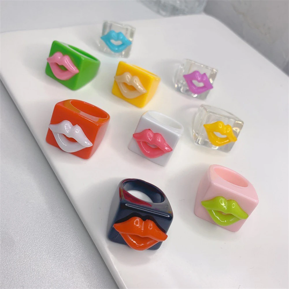 New Personality Acrylic Square For Women Geometric Resin Rings Finger Ring Lips Fashion Jewelry