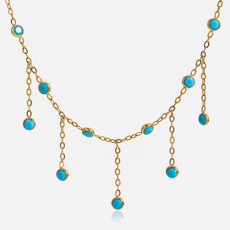 

Minar Light Luxury Oval Round Blue Turquoise Natural Stone Tassel Pendant Necklaces for Women Titanium Steel 18K Gold Chokers