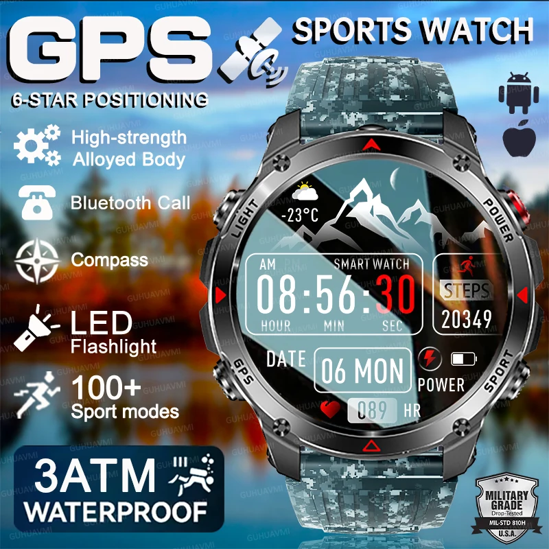 

Новые военные шестизвездочные GPS спортивные умные часы для улицы RIDE для бега, плавания, дайвинга, светодиодный фонарик, компас, 3ATM, водонепроницаемые часы для звонков