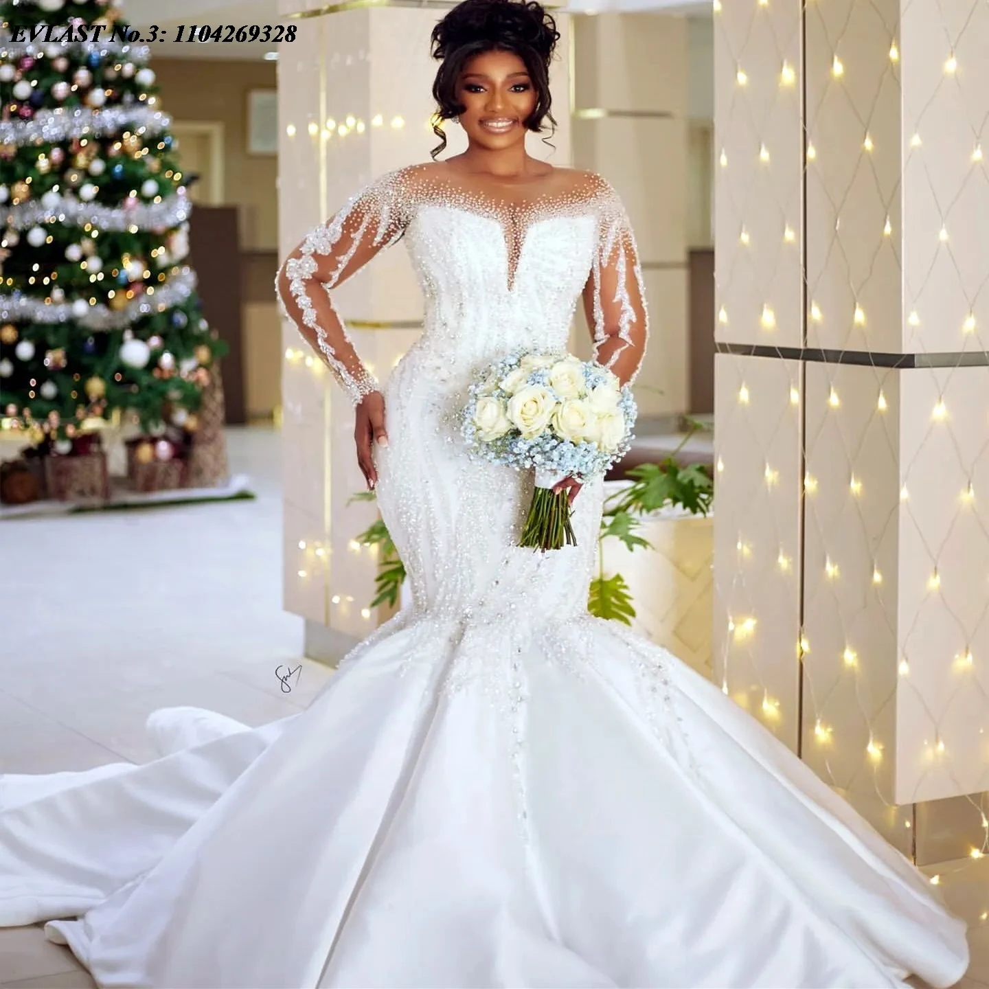 

EVLAST индивидуальное блестящее свадебное платье русалки в африканском стиле с длинным рукавом и кристаллами из бисера, аппликация, свадебное платье Vestidos De Novia E3W34
