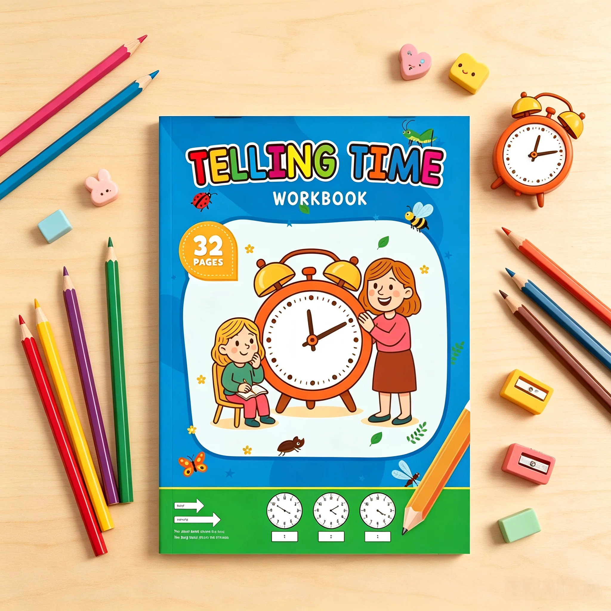 32 Page Kids Time Cognition Concept Workbook Interactive Telling Reading Math Exercise Sheet Home School Fun Education Supply