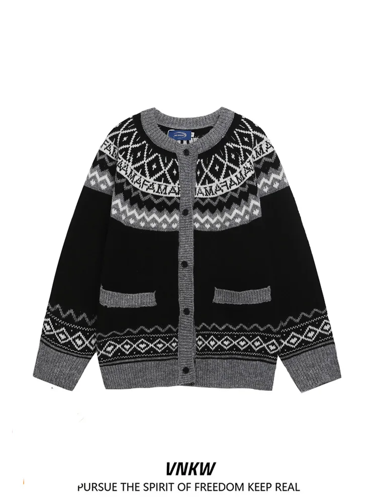 

Вязаный кардиган Cleanfit Bla, пальто в стиле ретро, свитер для ленивой пары, повседневный свитер средней длины, теплый геометрический узор