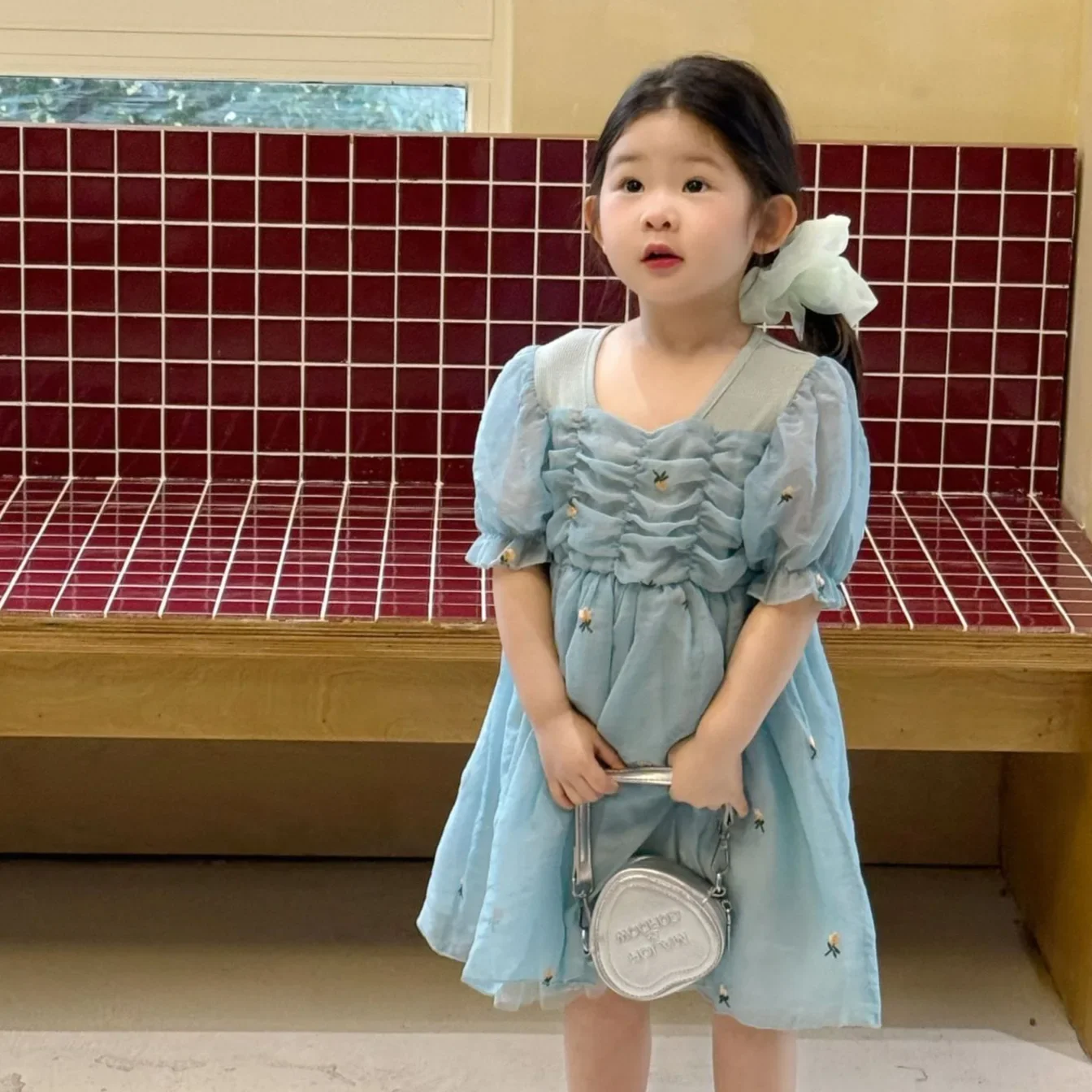 Girls Skirt 2026 Summer New Childrens Wear Korean Style Baby Girl Patchwork Puffy Bubble Sleeve Gauze Skirt Casual Simple