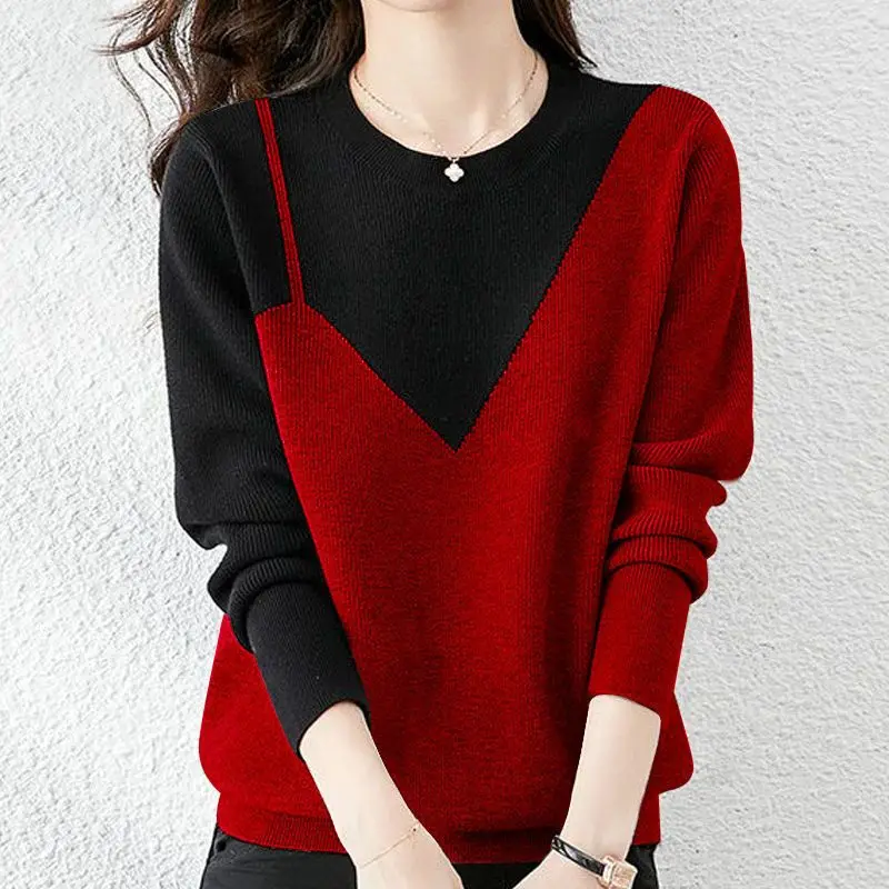 Fashion O-Neck Knitted Spliced Korean Sweater Women\'s Clothing 2022 Autumn New Oversized Casual Pullovers All-match Commute Tops