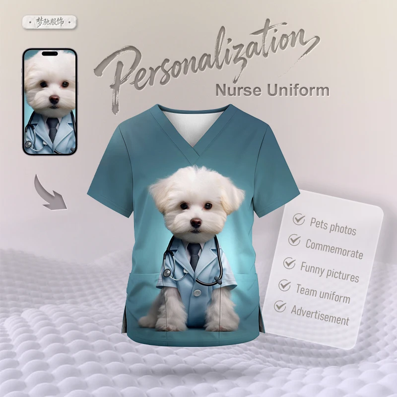 Customized Summer Nurse Uniform Fast Dry Short Sleeve Tops Loose Daily Workwear For Men and Women Vintage Personalized Pullover view 2