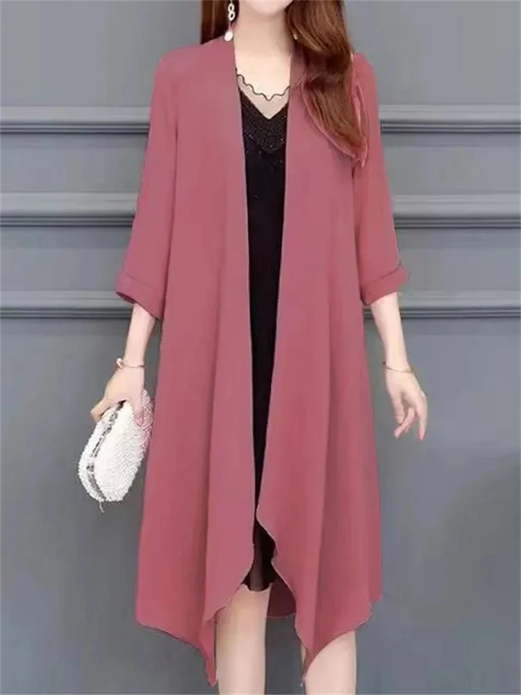 Chiffon Sunscreen Mid-length Shawl Coat Summer Thin Loose Tops Oversized Casual Lightweight Cardigan Women Half Sleeve Outerwear