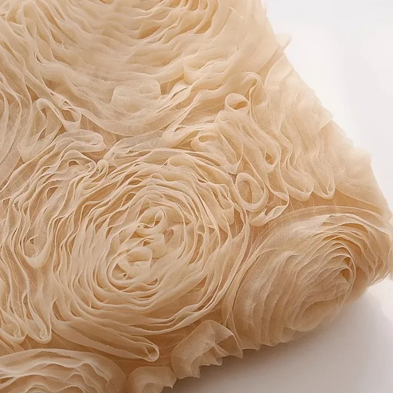 3D Rose Plate Flower Embroidered Mesh Fabric For Dress Wedding Gown Fashion Designer Fabric By The Yard