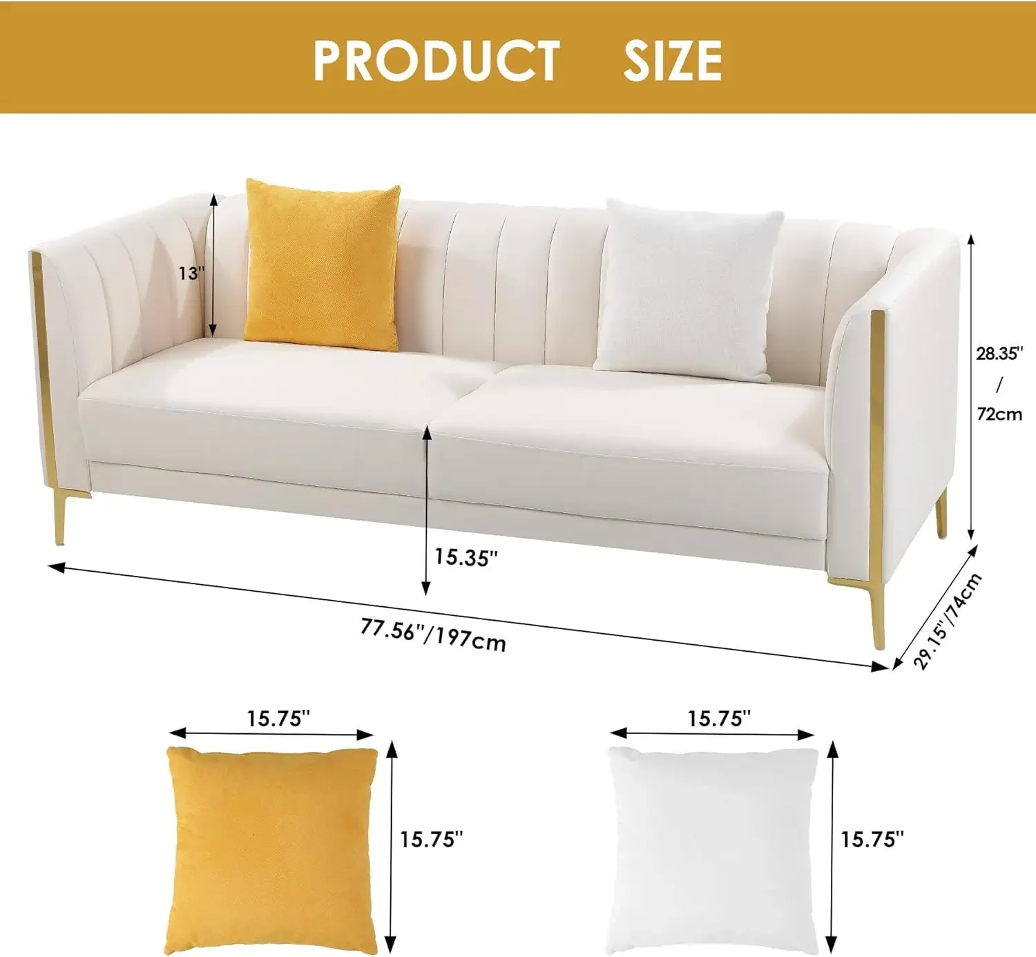 78'' Sofa, Comfy, Faux Leather Sofa 3 Seater Sofa with 2 Throw Pillows and Gold Metal Legs, Deep Seat Sofas (Cream White)