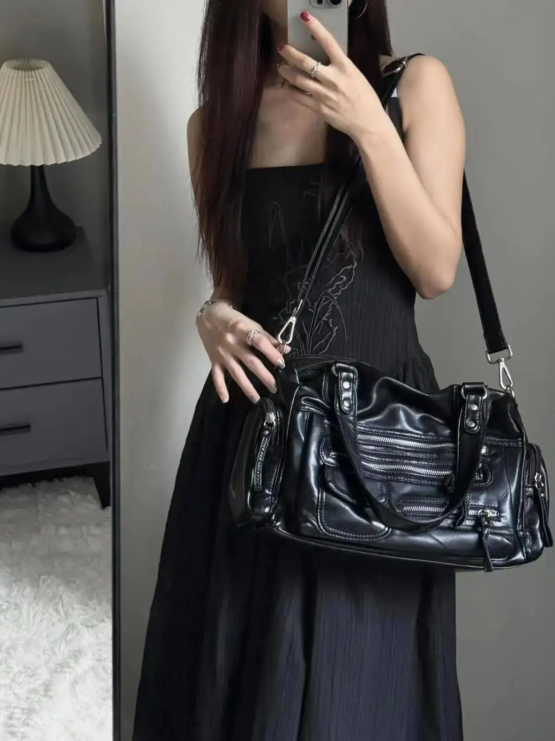 Bloom Vintage Black Shoulder Purse Women High Street Pocket Chic Y2k Handbag Female Haruku Casual Crossbody Bags 2025