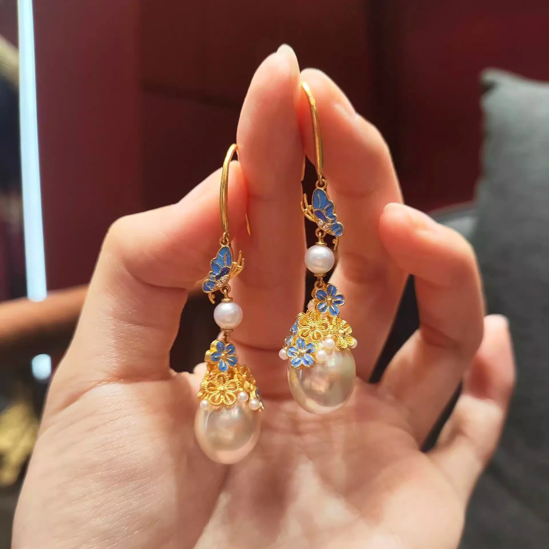 

New Chinese style Dot Cui filigree 9999 24K real gold inlaid pearl for women retro palace style tassel earrings earrings