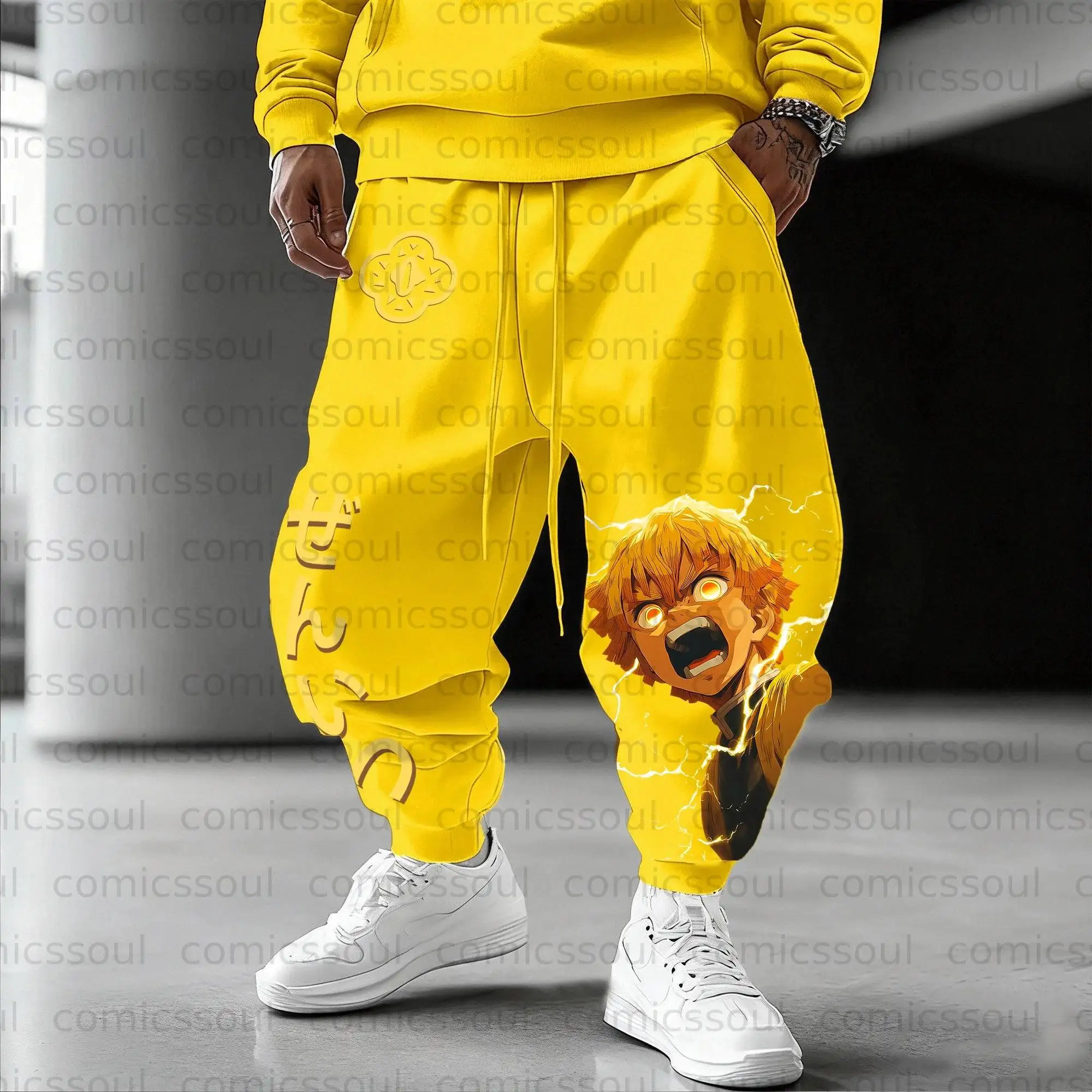 Yellow Demon Slayer Hoodie Set met Zenitsu Agatsuma Lightning Back Print Flower Chest Logo Kimetsu No Yaiba Tweedelige outfit