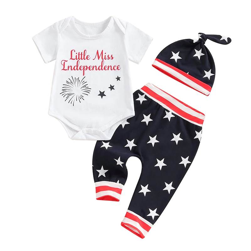 

My 1st 4th of July Newborn Baby Boy Outfits Short Sleeve Romper Stars Stripe Pants Hat Set Independence Day Clothes