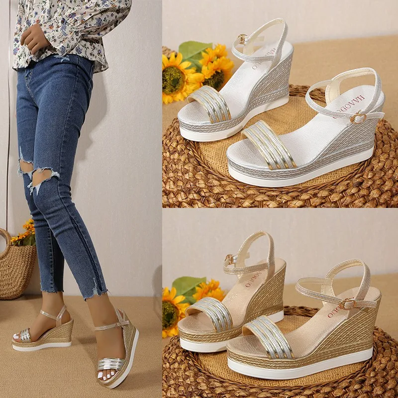 Sandálias cunhas plataforma para mulheres, salto alto designer, sapatos confortáveis para senhoras, plus size 42, verão