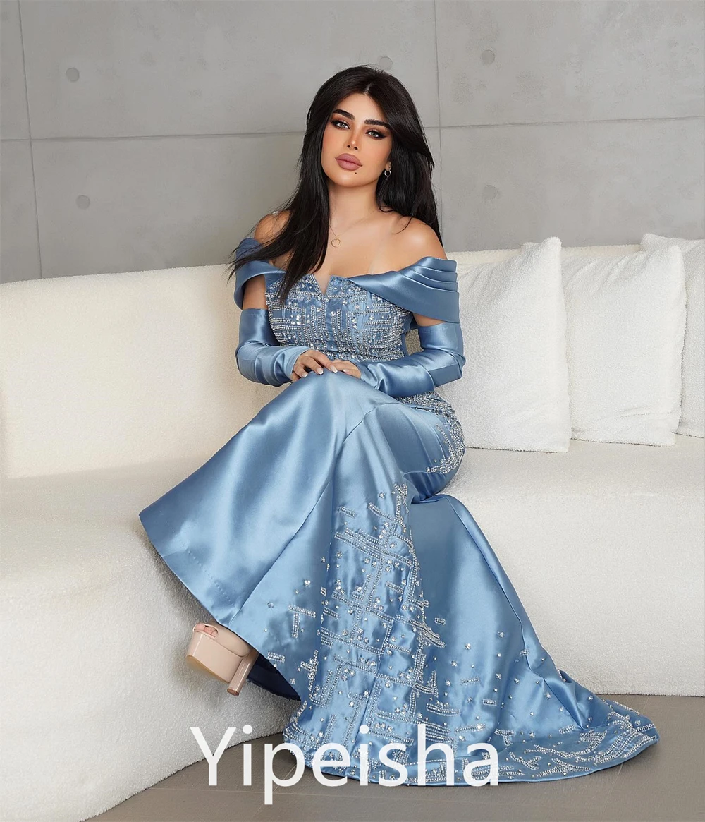 Prom Dress Saudi Arabia Fashion Simple Off-the-shoulder  Paillette Satin Floor Length Custom